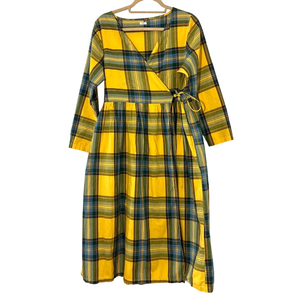 Ichi Antiques Japan Wrap Midi Dress Size M Yellow Plaid Cotton Modest Minimalist